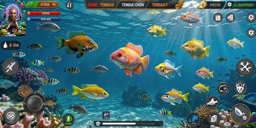 Tampilan dinamis dari gameplay Tembak Ikan yang seru.