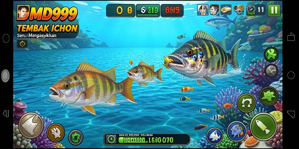 Screenshot gameplay DMD999 yang menampilkan serunya menembak ikan.