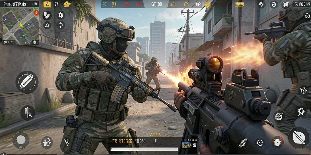 Tangkapan layar gameplay aksi menegangkan dalam GT108 FPS.