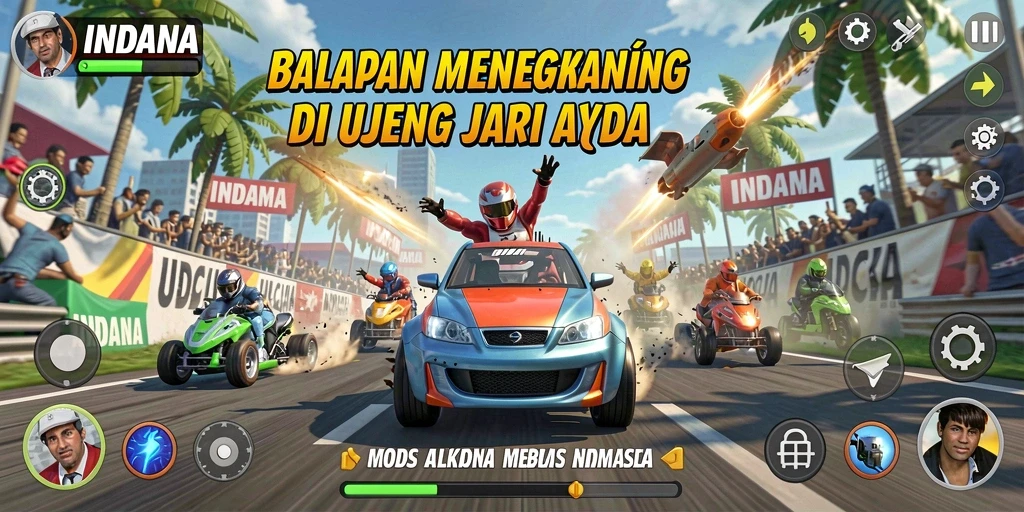 Tampilan gameplay INDAAA yang mendebarkan dengan mobil balap berkecepatan tinggi.