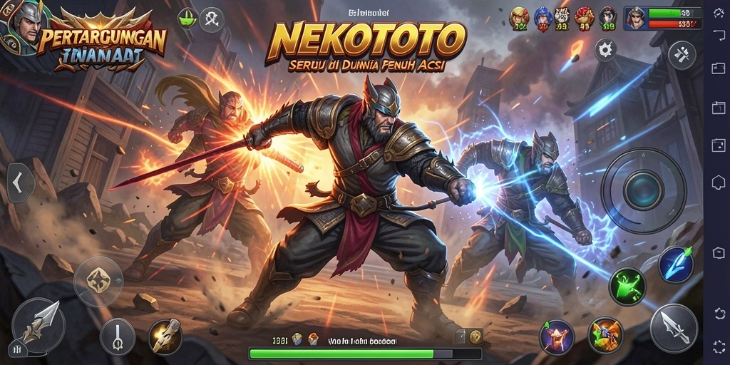 Screenshot gameplay NEKOTOTO menampilkan aksi pertarungan yang mendebarkan.