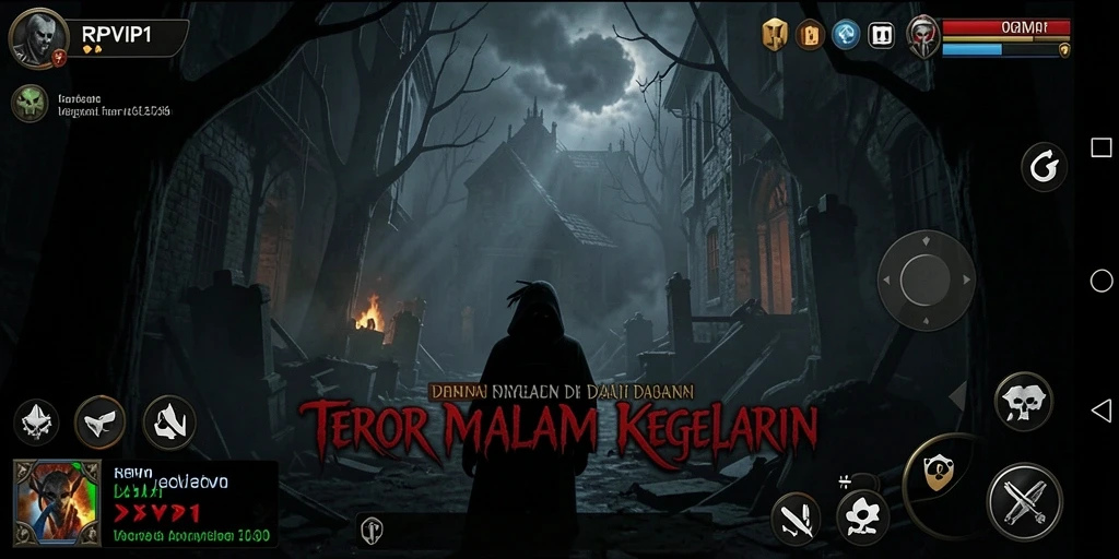 Tampilan gameplay RPVIP1 yang menegangkan saat menjelajahi gelapnya rumah angker.